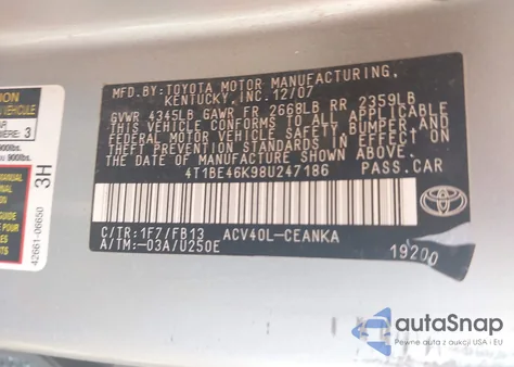 2008 Toyota Camry Le from USA, damaged, VIN 4T1BE46K98U247186